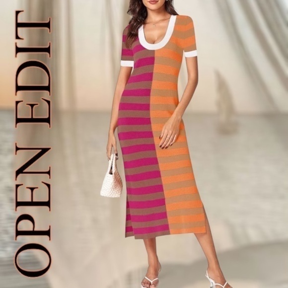 Open Edit Dresses & Skirts - OPEN EDIT Striped ColorBlock Short Sleeve Scoop Neck Sweater Midi Dress NWT/MD